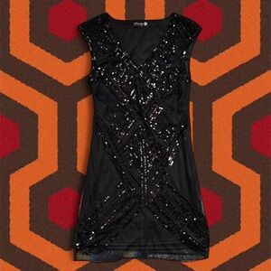 NEW Danity Y2K Black Lace Sequin Beaded Embellished Sheer Mini Dress — LARGE